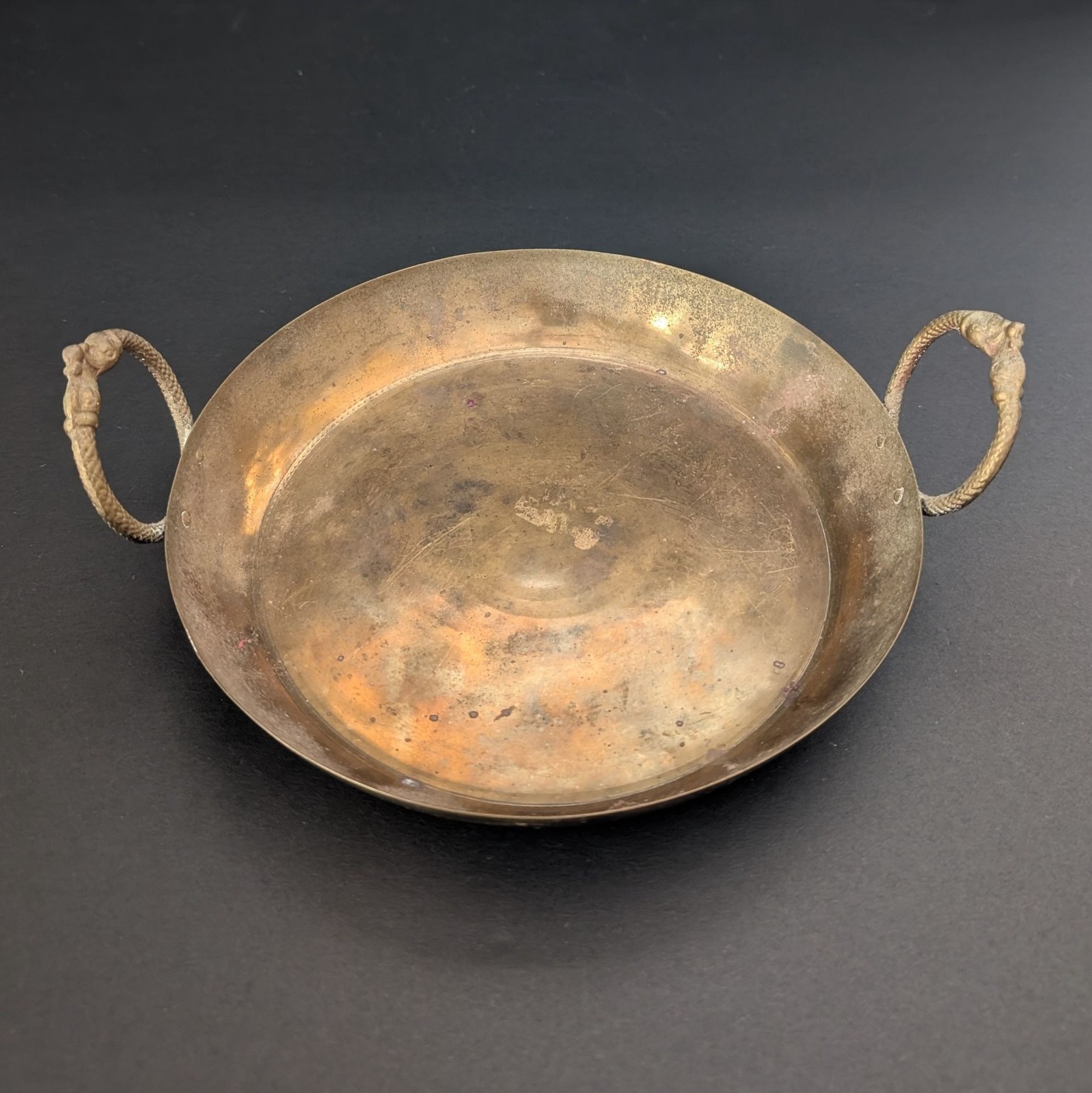Vintage Round Brass Pan With Decorative Sea Serpent Handles