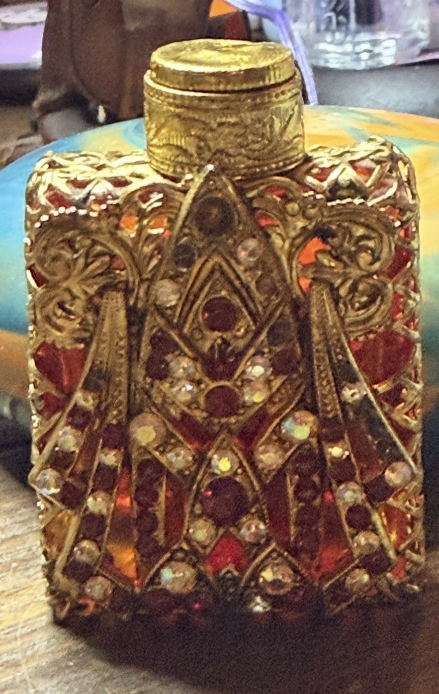 Vtg 50s~60s~Czech Ruby Red Jewelled Perfume Bottle 2 1/4” Tall W/ Dipper HTF
