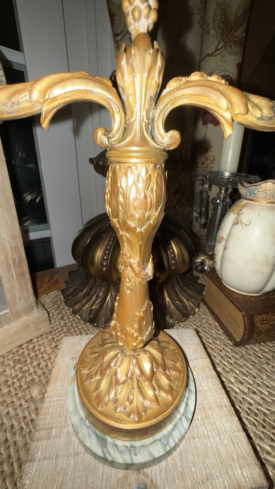 Vintage Brass Two Arm Candelabra Marble Base Acorn Oak Leaf Candle Holder