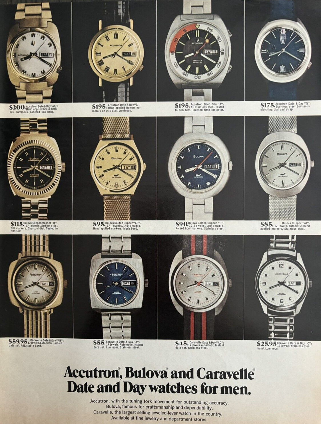 1971 Bulova Accutron & Caravelle Date & Day Watches For Men Vintage Print Ad