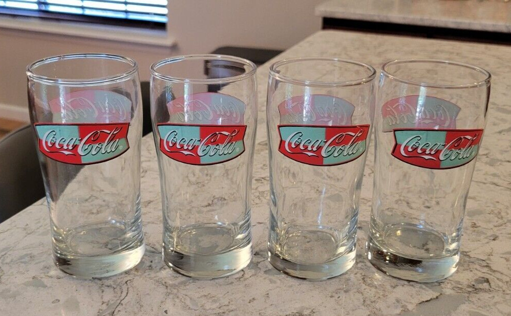 Vintage COCA COLA Glasses Red & Green Fishtail Logo 8 oz Anchor Hocking Lot of 4