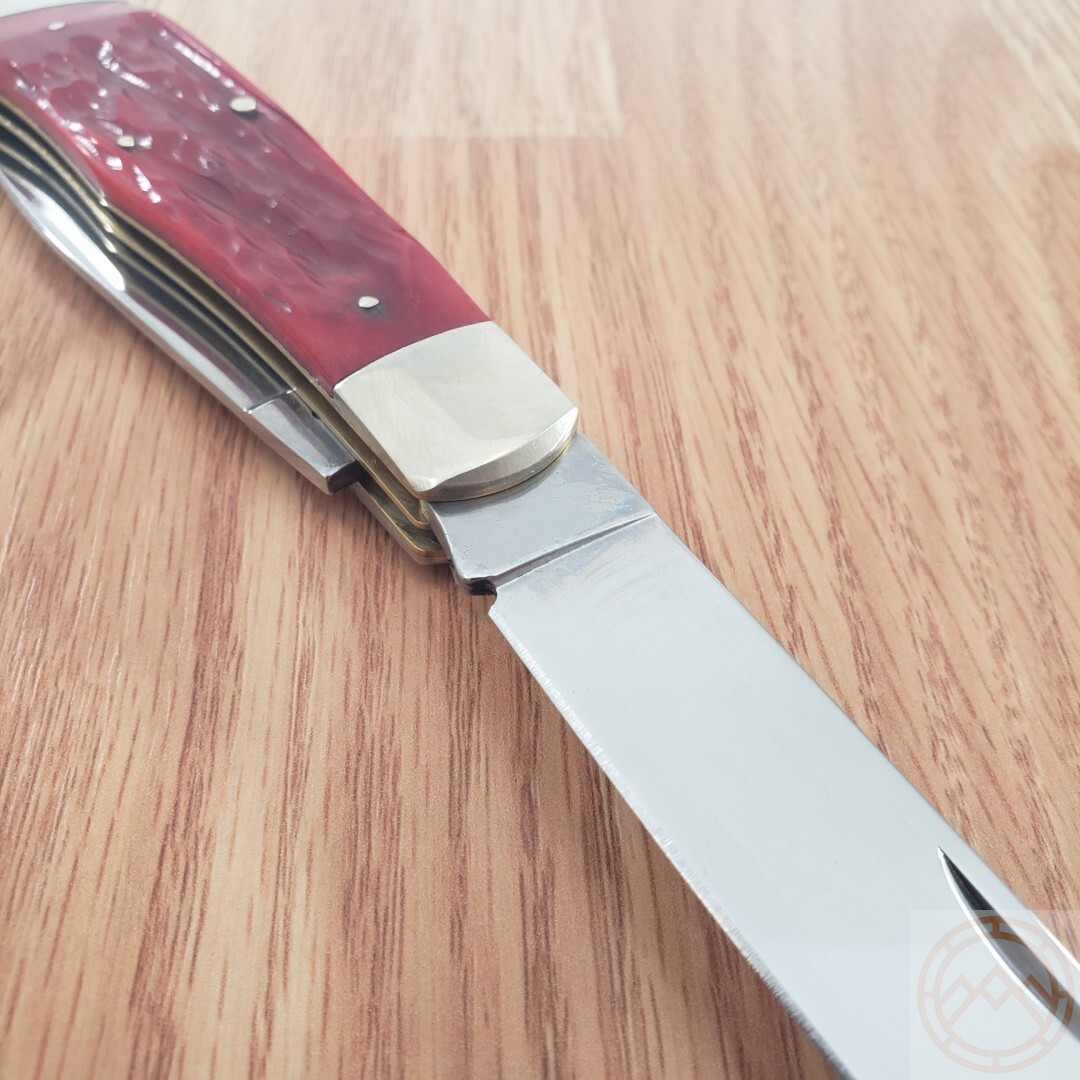 Queen Big Boy Trapper Pocket Knife 1095 Steel Blades Red Jigged Bone Handle 7555