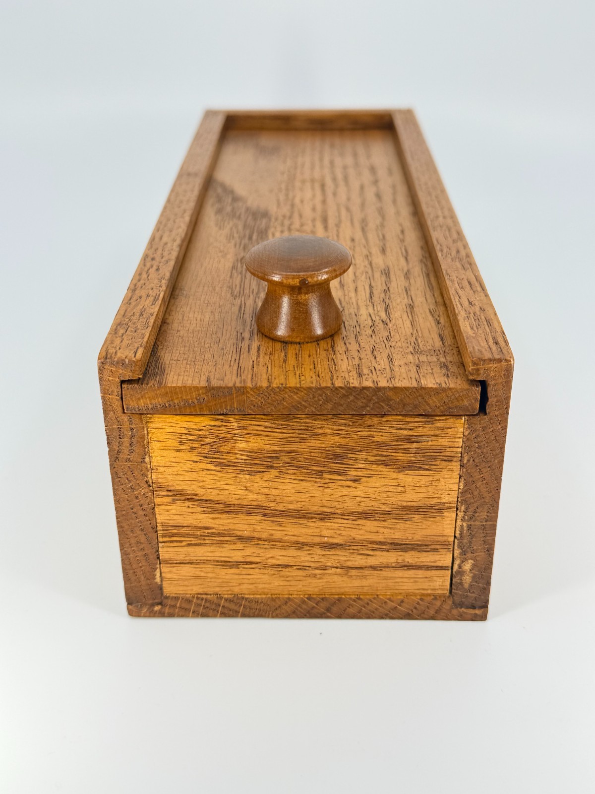 Vintage Oak Trinket Stash Box Wood Knob Handle Rectangle Sliding Lid 3x9x3.5