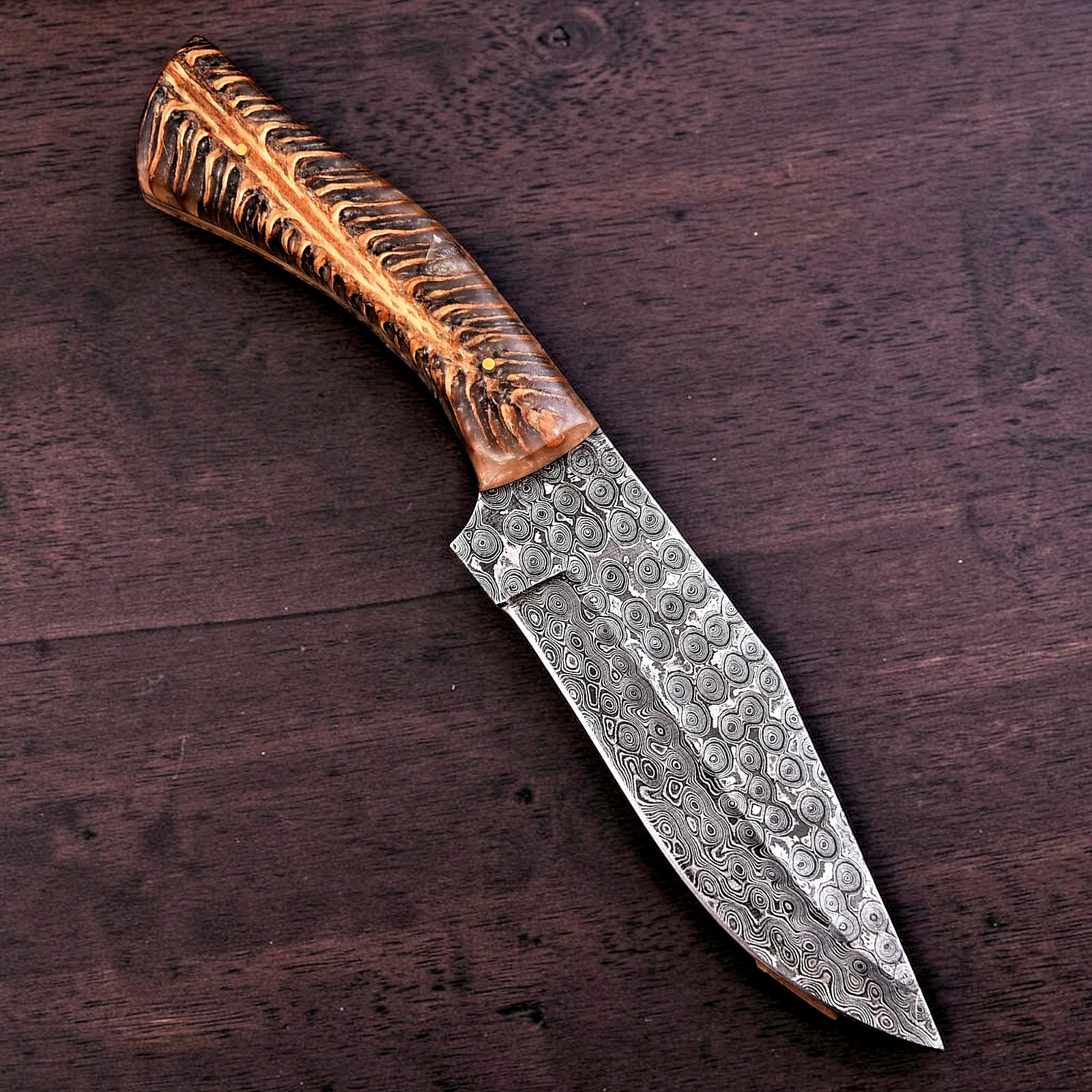 Hand Made Forged Damascus Steel Hunting Bowie Knife Pine Cones Resin Handle 2982