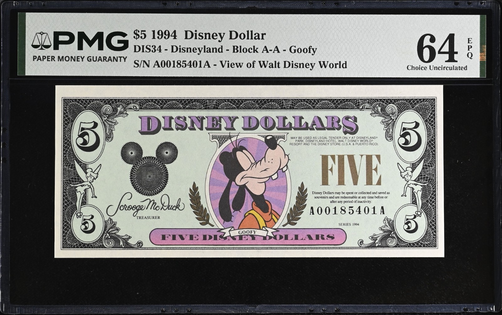 RARE 1994 A $5 Disney Dollar Proud Goofy PMG 64EPQ DIS34 A00185401A Disneyland