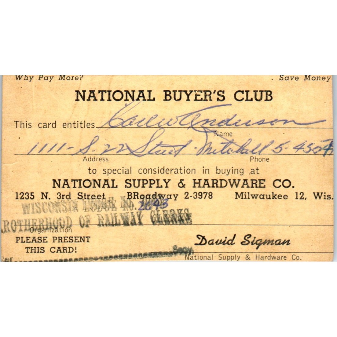 1940s National Buyer’s Club National Hardware and Supply Co Milwaukee Card SE5