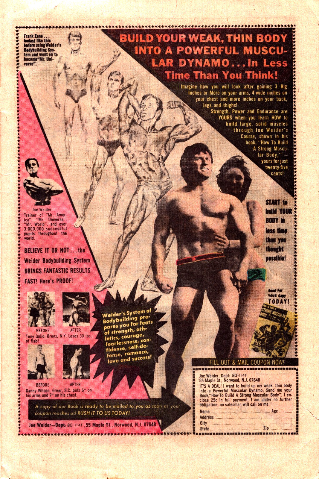 1974 JOE WEIDER Body Building Fitness Vintage PRINT AD – BUILD YOUR WEAK BODY UP