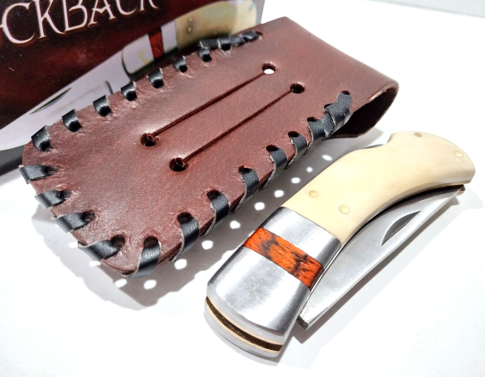 Buck White Bone Hunting Skinning Lockback Folding Pocket Knife + Leather Sheath