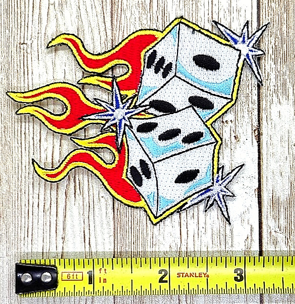 Flaming Rolling Dice Sparkle Iron On Sew On Embroidered Patch 3 1/2 “ X 3 „