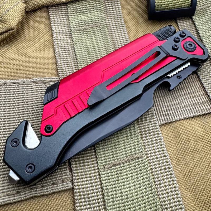 Red 7-in-1 Survival Tactical Military Folding Pocket Knife with LED Light Tool