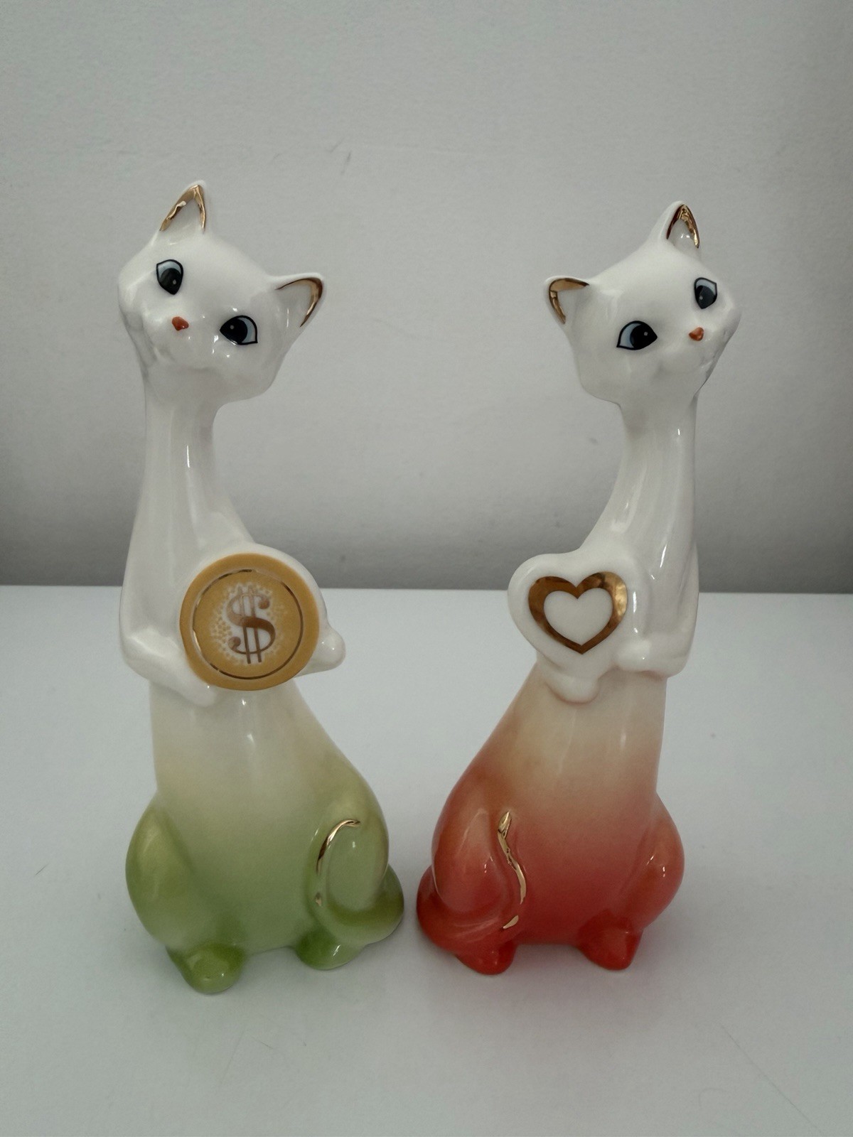 Pair of Vintage Ceramic Cats – Love & Wealth – Heart and Dollar Coin Figurines