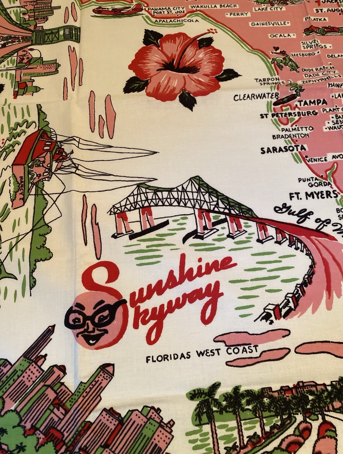 Vintage 1950s Florida “Sunshine Skyway” Souvenir Tablecloth Orig Label Unwashed