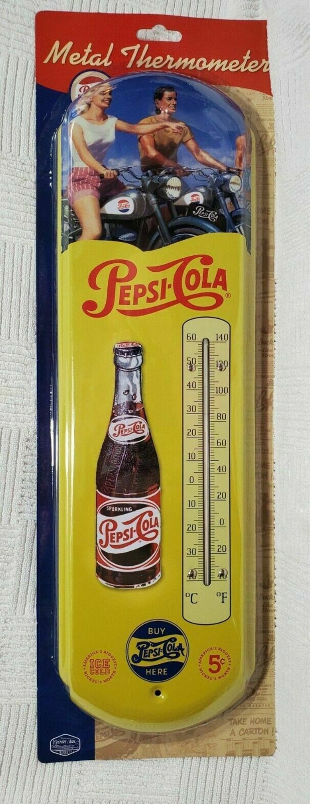 Pepsi Cola Indoor Outdoor Metal Tin Thermometer Motorcycle Caveman Garage
