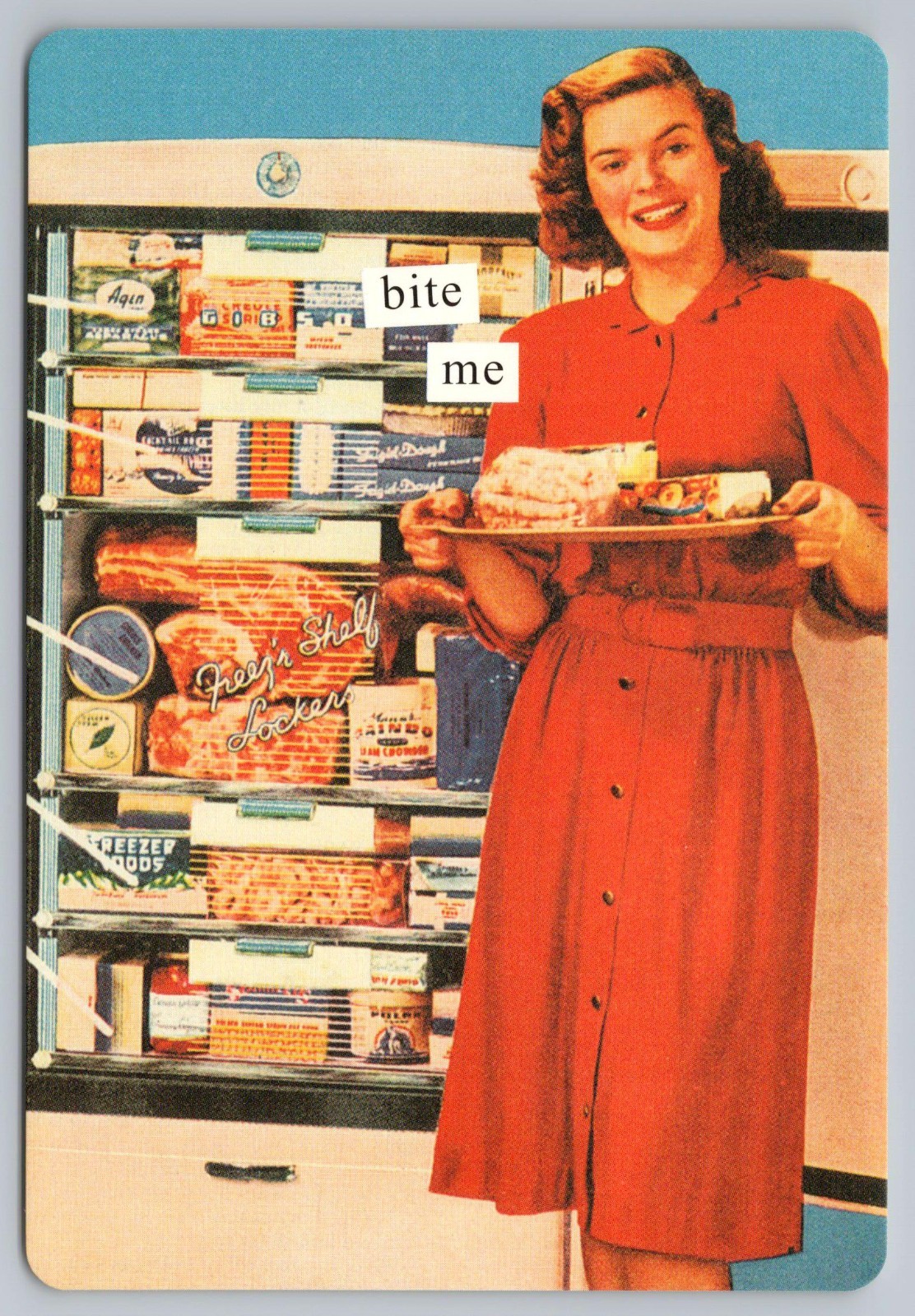 2004 Bite Me Retro Housewife & Old Fridge Anne Taintor Domestic Humor Postcard