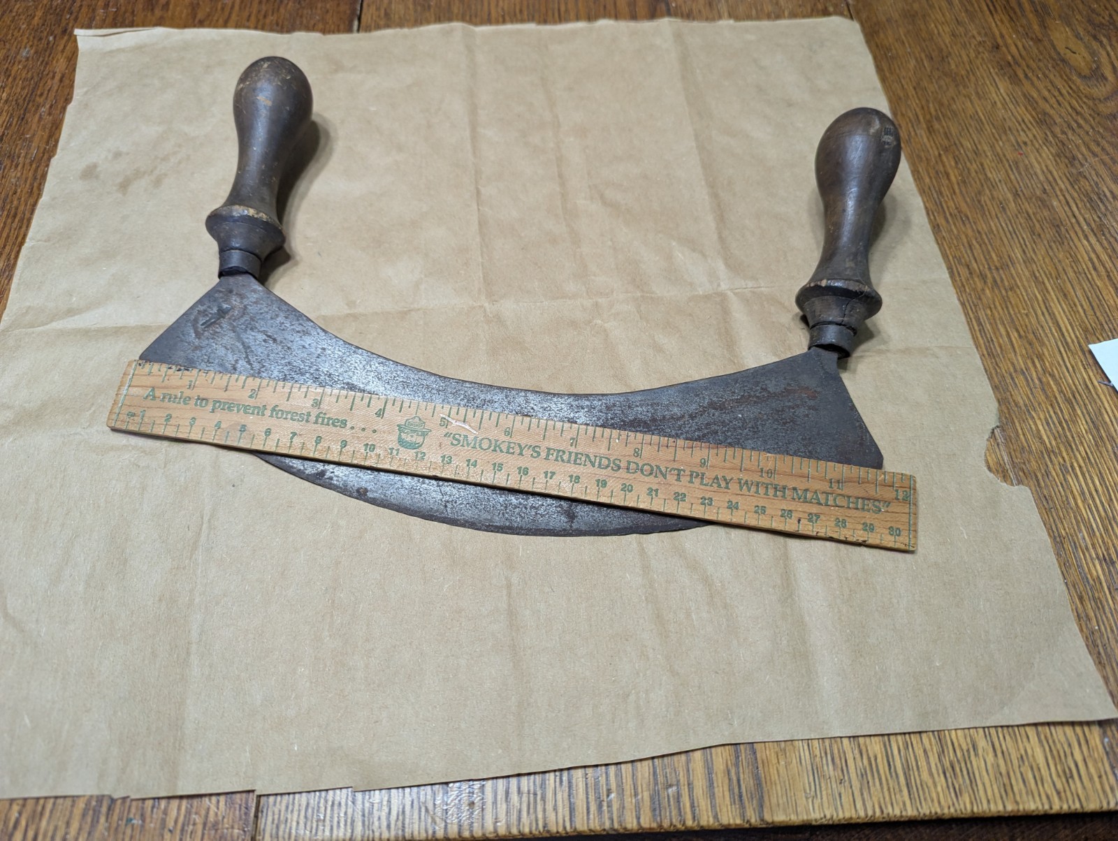 Antique Rocking Chopper Knife Single Blade Heavy Iron Sharp With Wood Grips