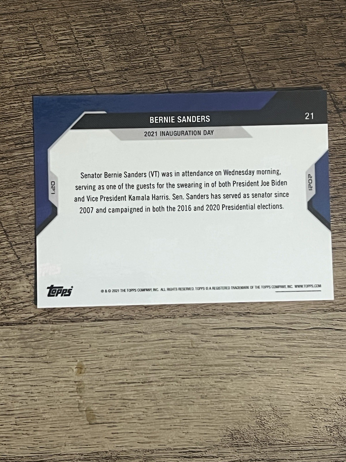 2020 Topps Now Election Card #21 Bernie Sanders at Joe Biden Inauguration Trump