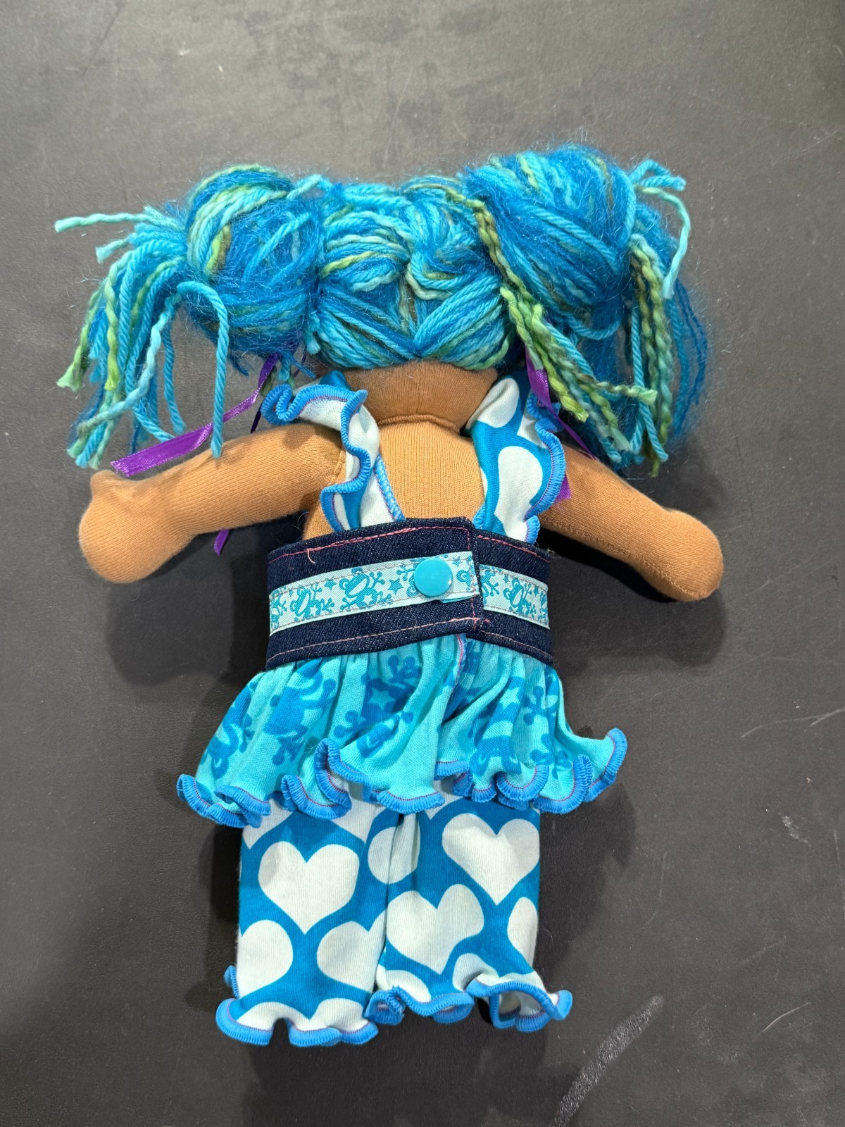 Waldorf yarn blue hair with blue dress doll handmade 10″