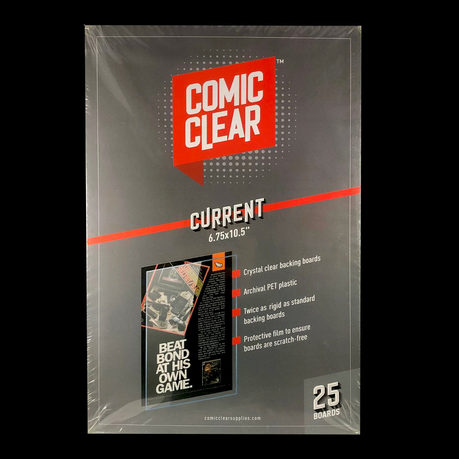 25-pack of Crystal-Clear Comic Clear Backing Boards – Current Age Size