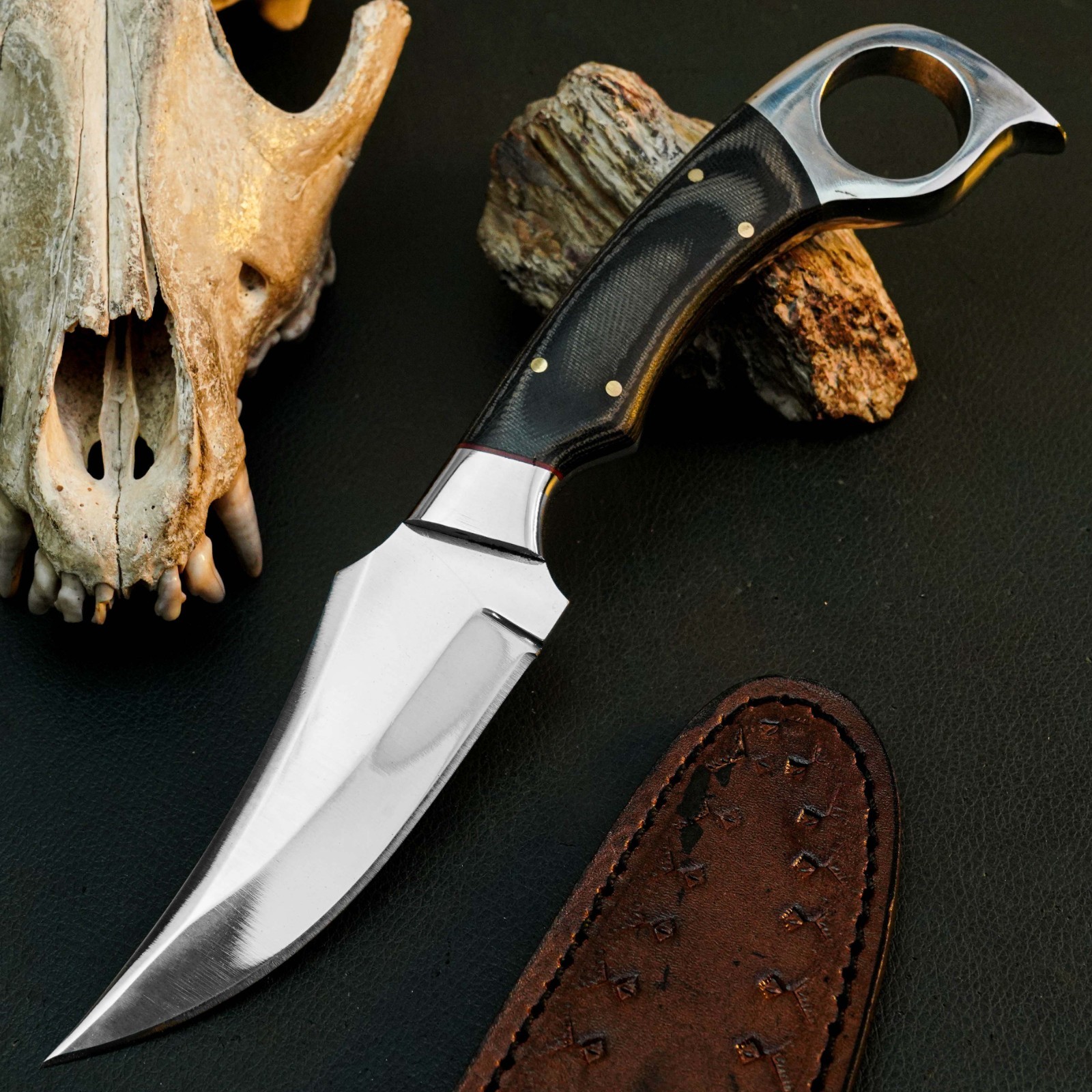9.0″ D2 Steel Hunting Knife Full Tang Micarta Handle Fixed Blade Leather Sheath