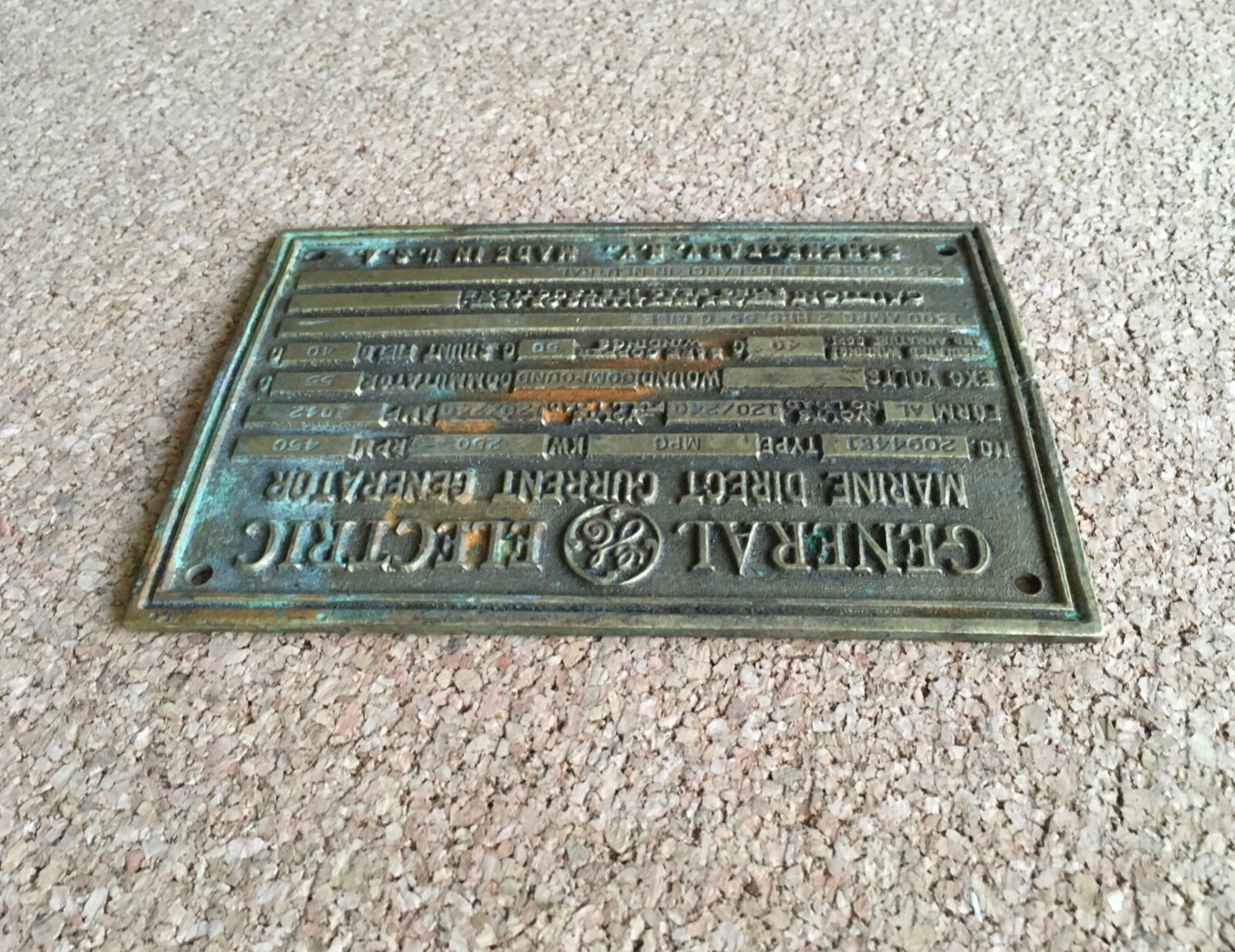 Vintage Metal Plaque Badge Tag General Electric Marine Direct Current Generator