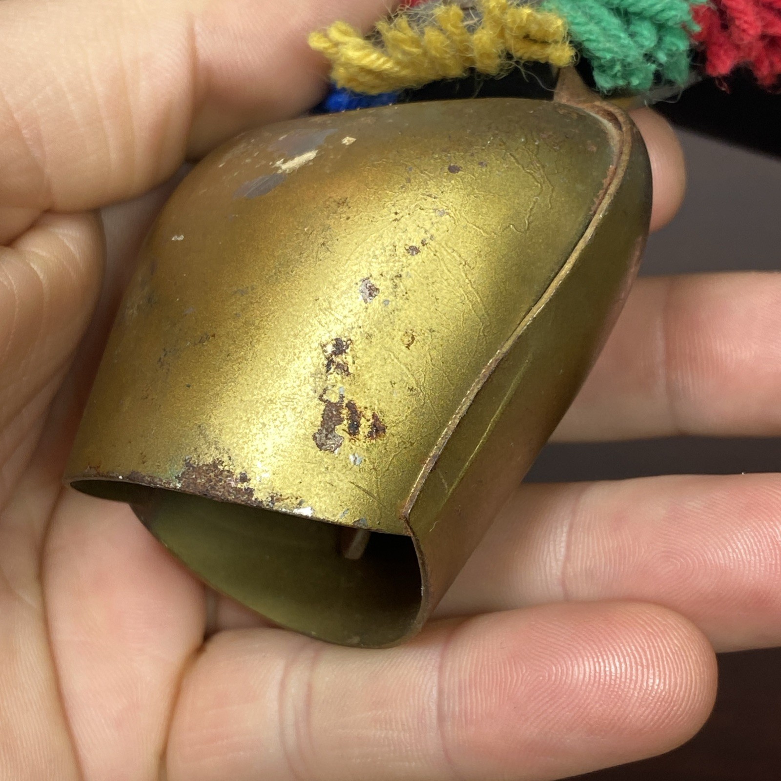 Brass Swiss Cow Bell Multi Color Fringed Leather Strap Vtg 6” Cottage Landscape