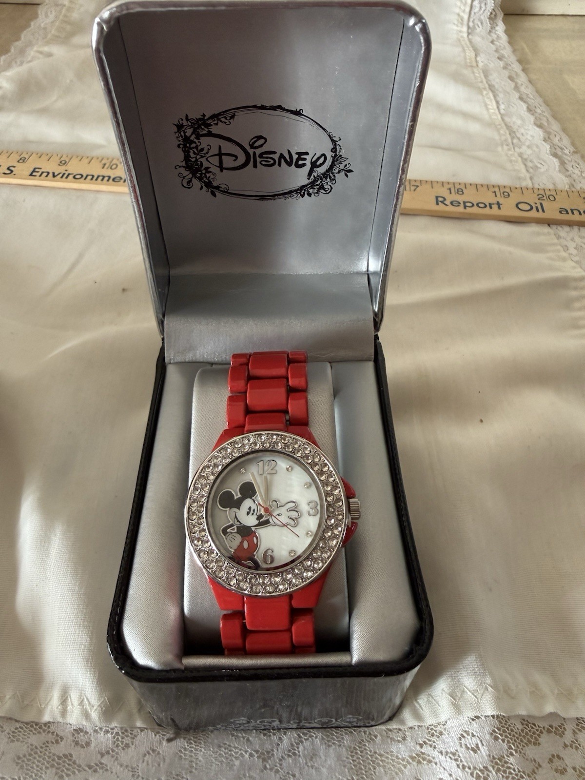 Disney Mickey Mouse Red Bracelet Watch Rhinestone Bezel w/ Disney Box MK2071
