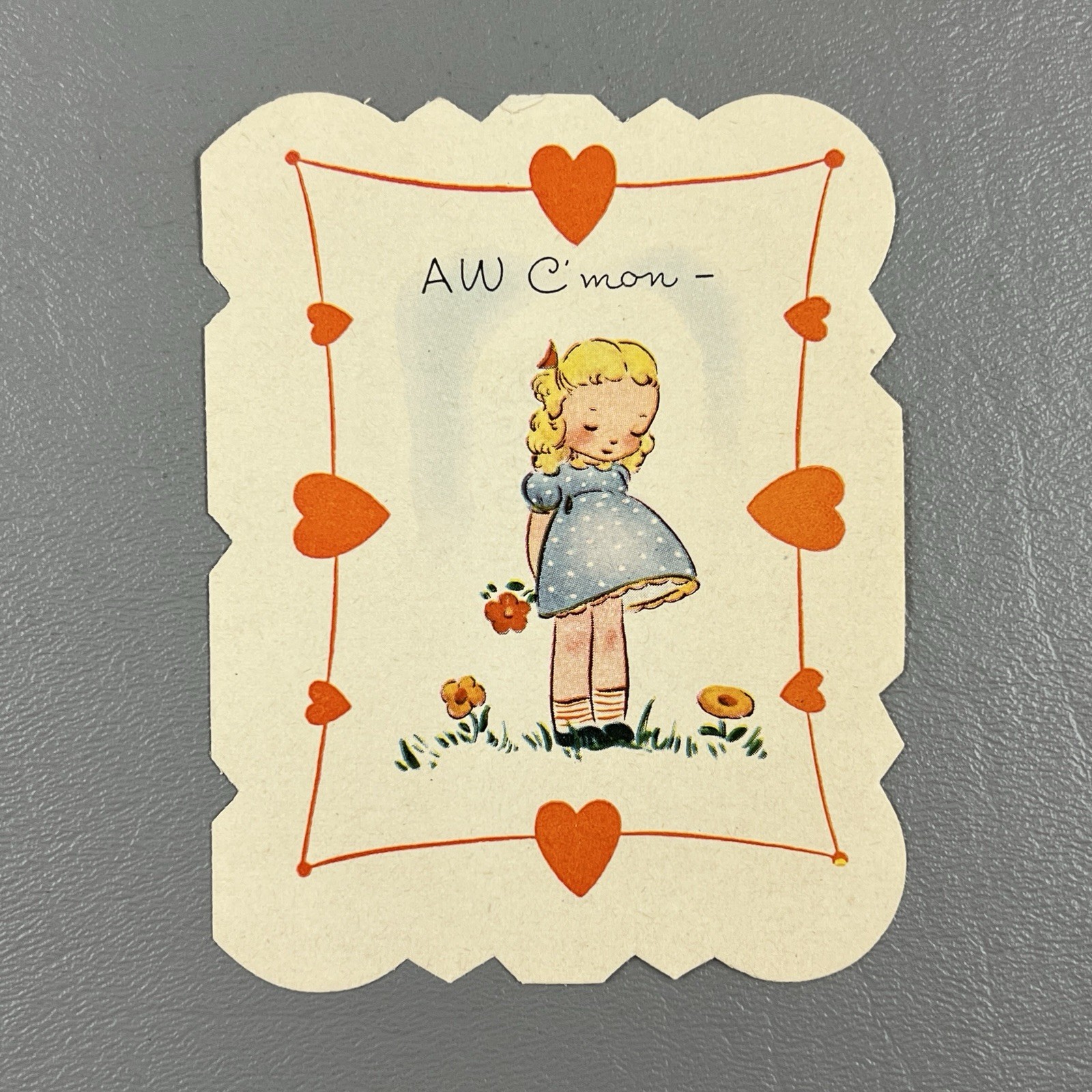 Vintage Valentine Card A-Meri-Card Sweet Blonde Girl Flower Hearts AW C’mon 4″