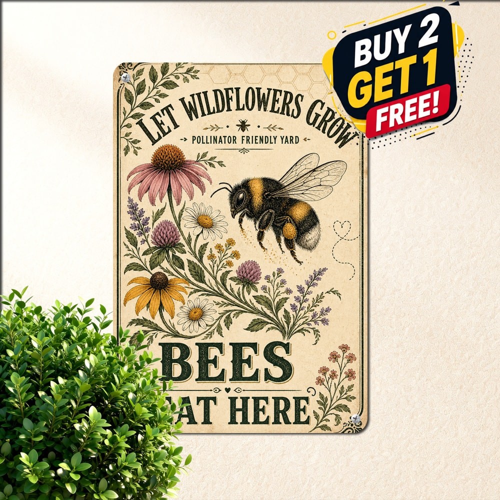 Wildflower Meadow Weeds Bee Feeding Notice Metal Tin Sign Outdoor Garden Plaque