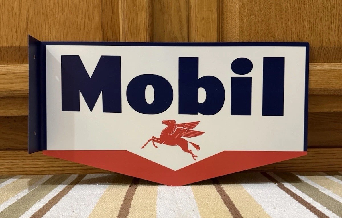 Mobil Gas Oil Flange Sign Pegasus Garage 2 Sided Vintage Style Wall Decor