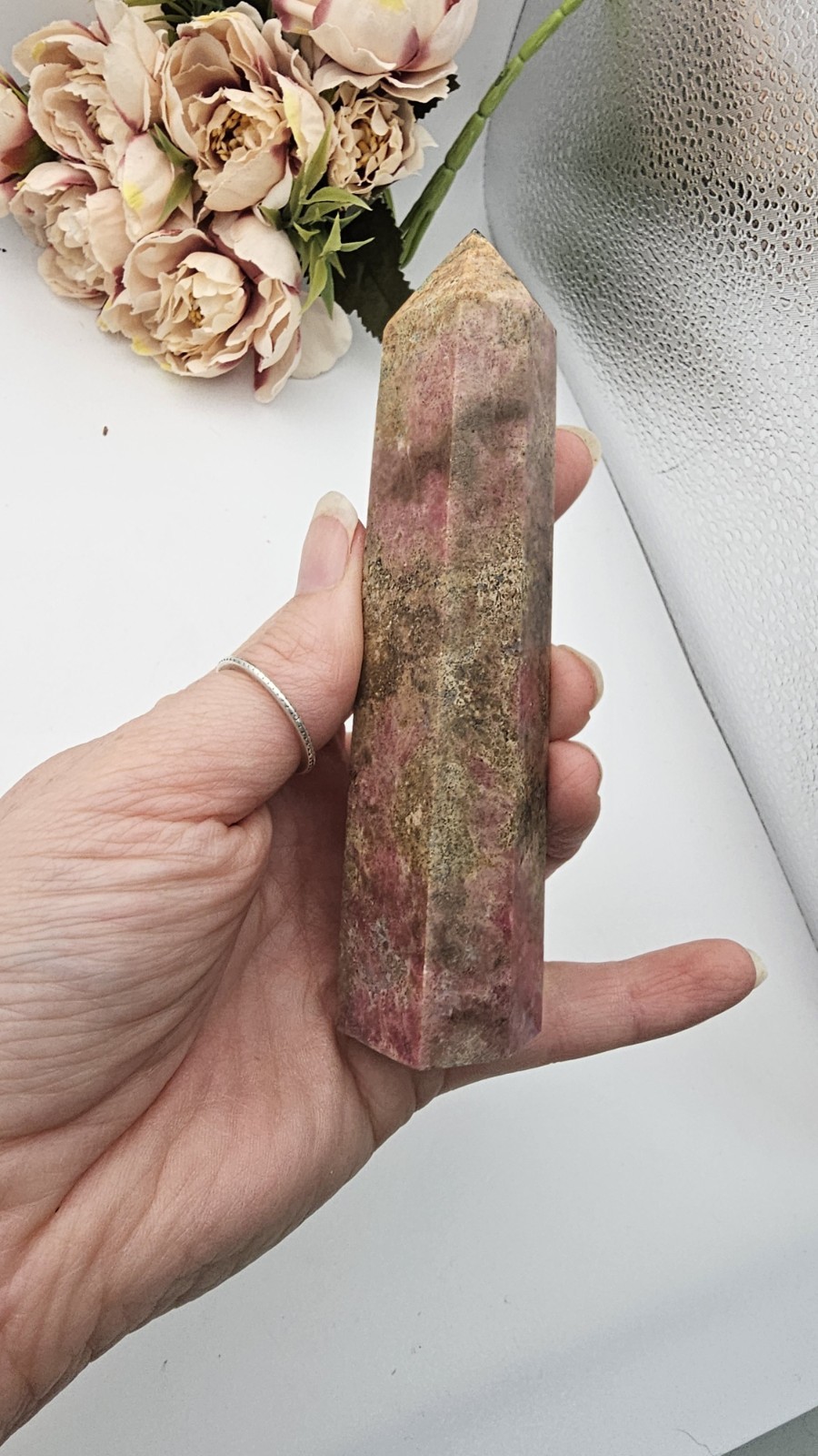 Rhodonite tower point 222g 12cm crystal pink self love relationships