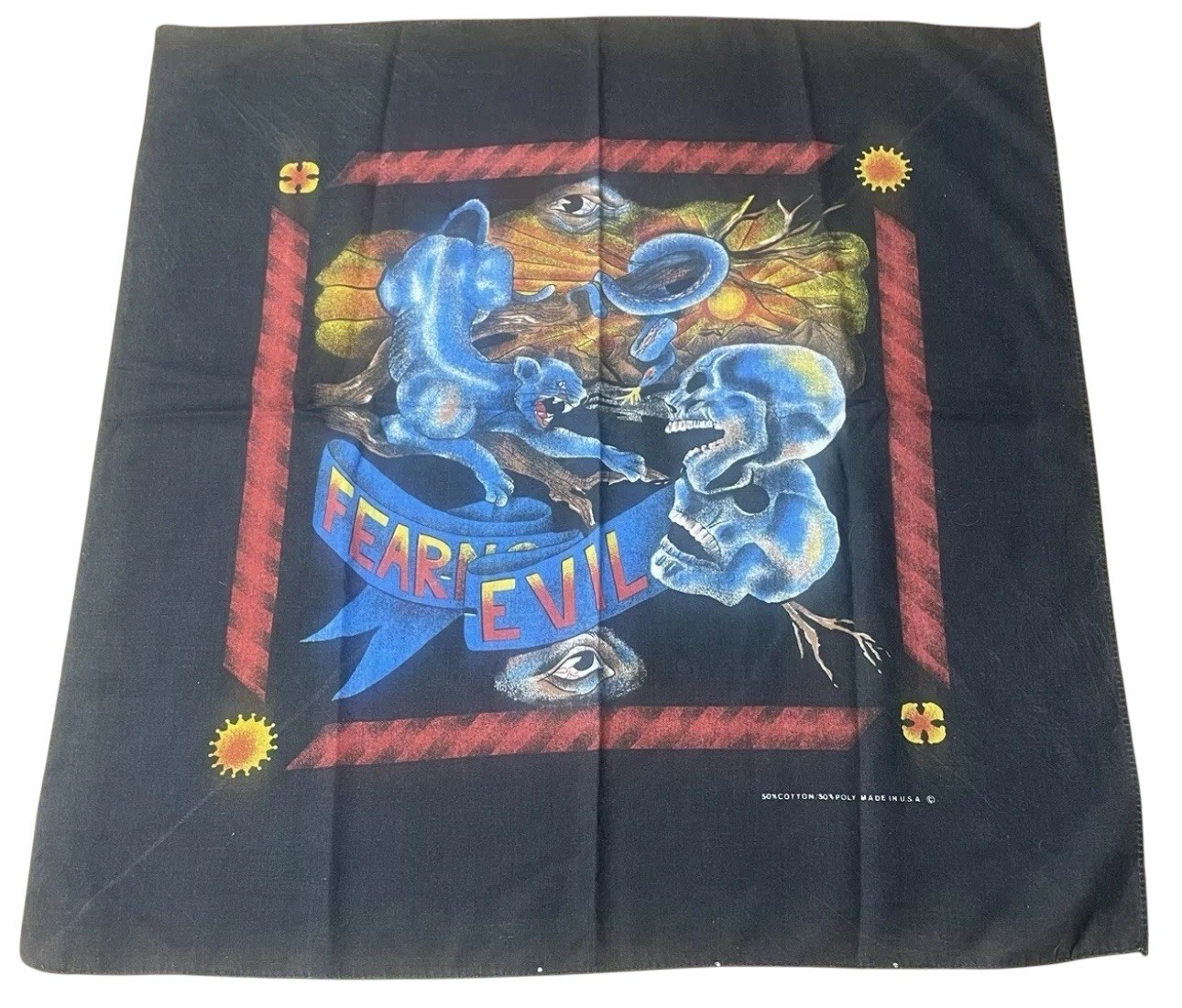 Vintage Fear No Evil Biker Bandana Black 23” X 23” USA