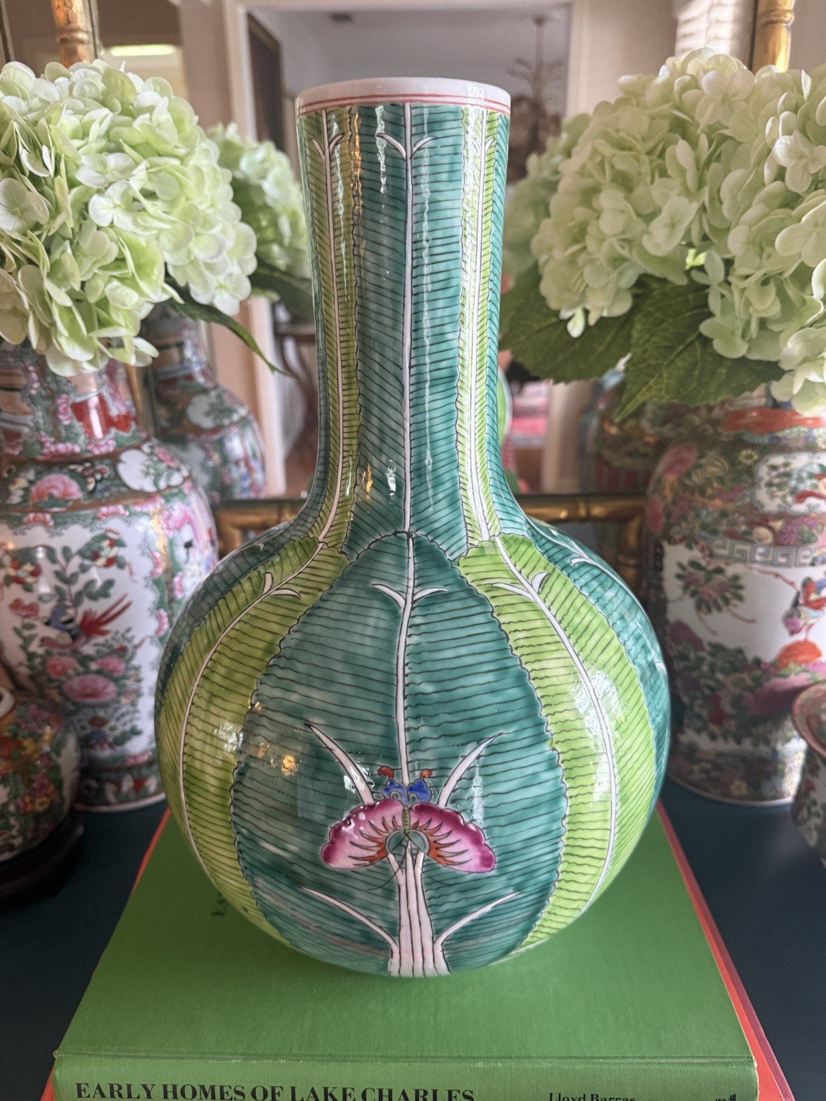 Large 15″ Bok Choy Butterfly Vase Chinoiserie Statement Piece