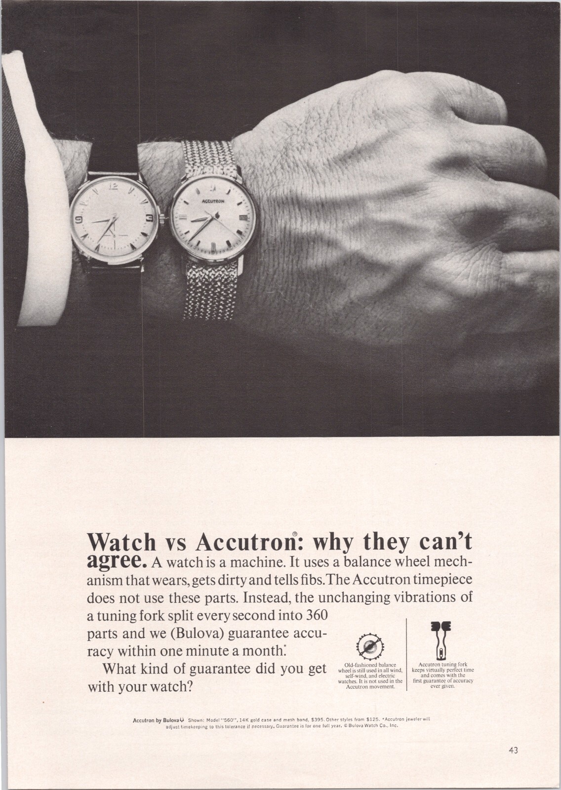 Bulova Accutron vs Mechanical Watch Comparison Print Ad 1965