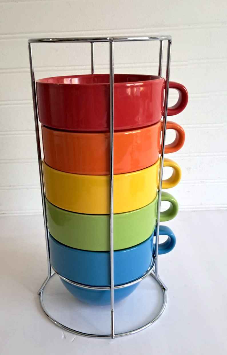 Pier 1 Imports Stackable Mugs Set Holder Multicolor Rainbow 5″ Round x 3.5″H
