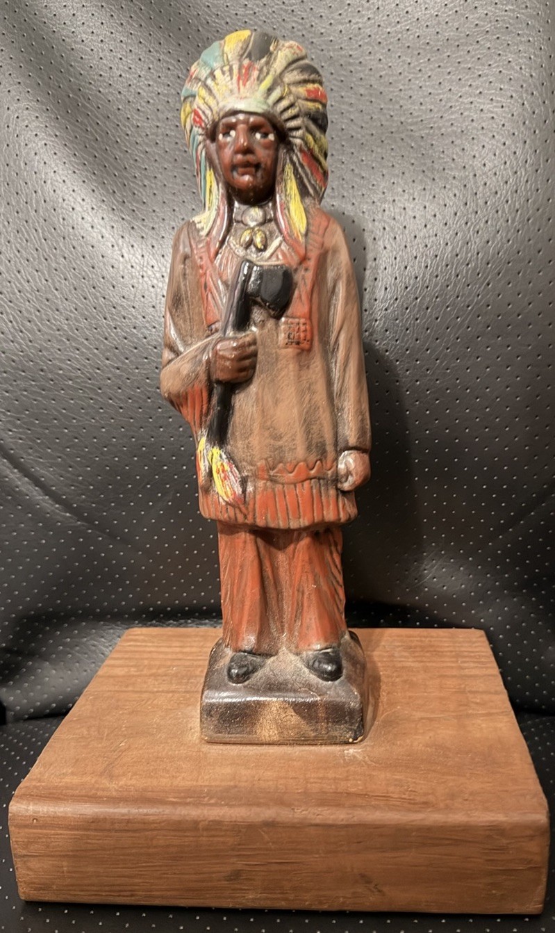 Vintage Native American Cigar Store Chief 9.5” Tall on wood base