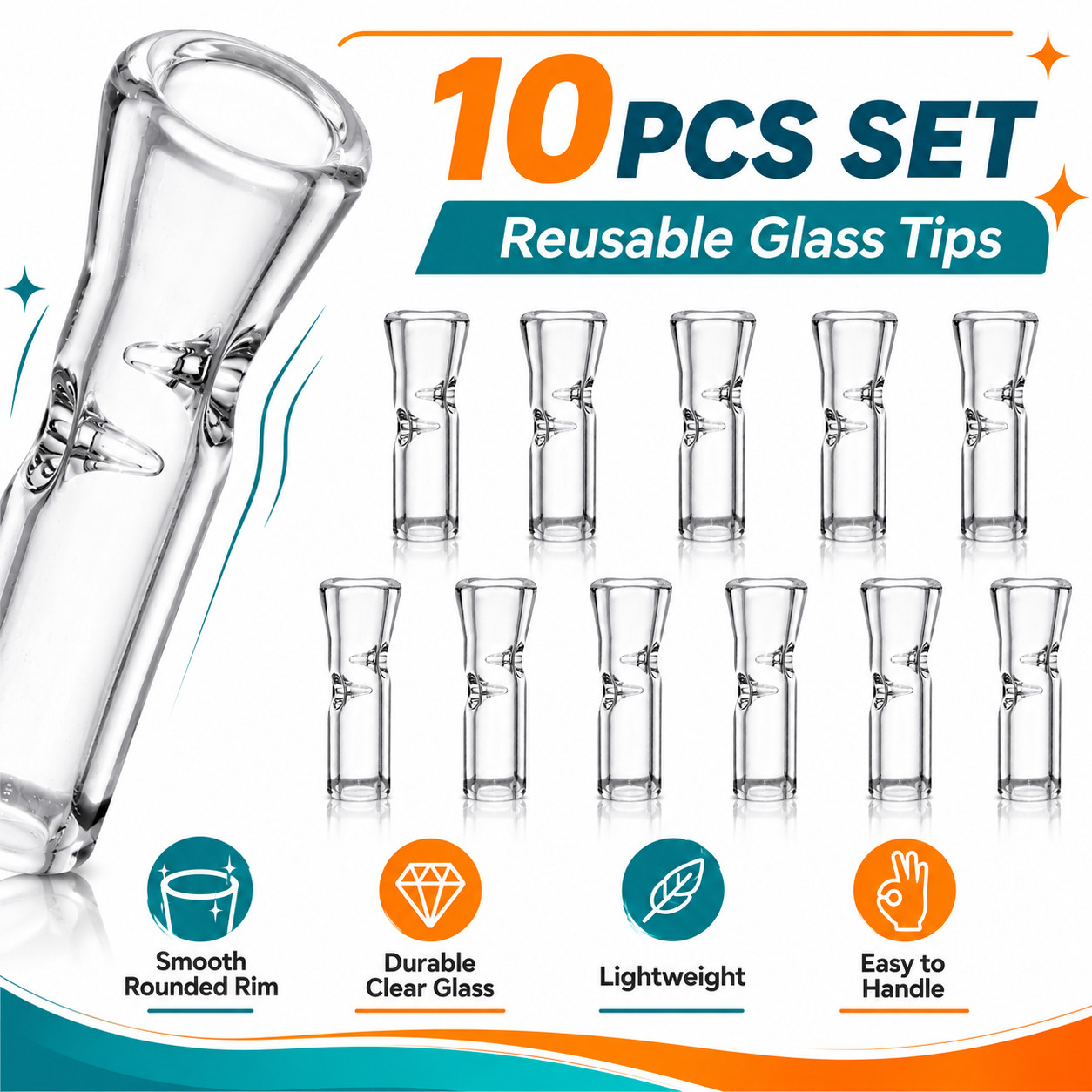 Medium Size Glass Filter Tips for Cigarettes 10PCS Transparent Ø9mm OD 35mm Pack