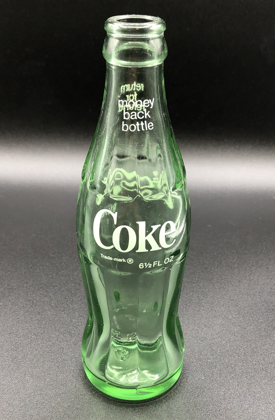 1990’s Coca Cola Coke 6 1/2oz Return for Refund Green Glass Money Back Bottle