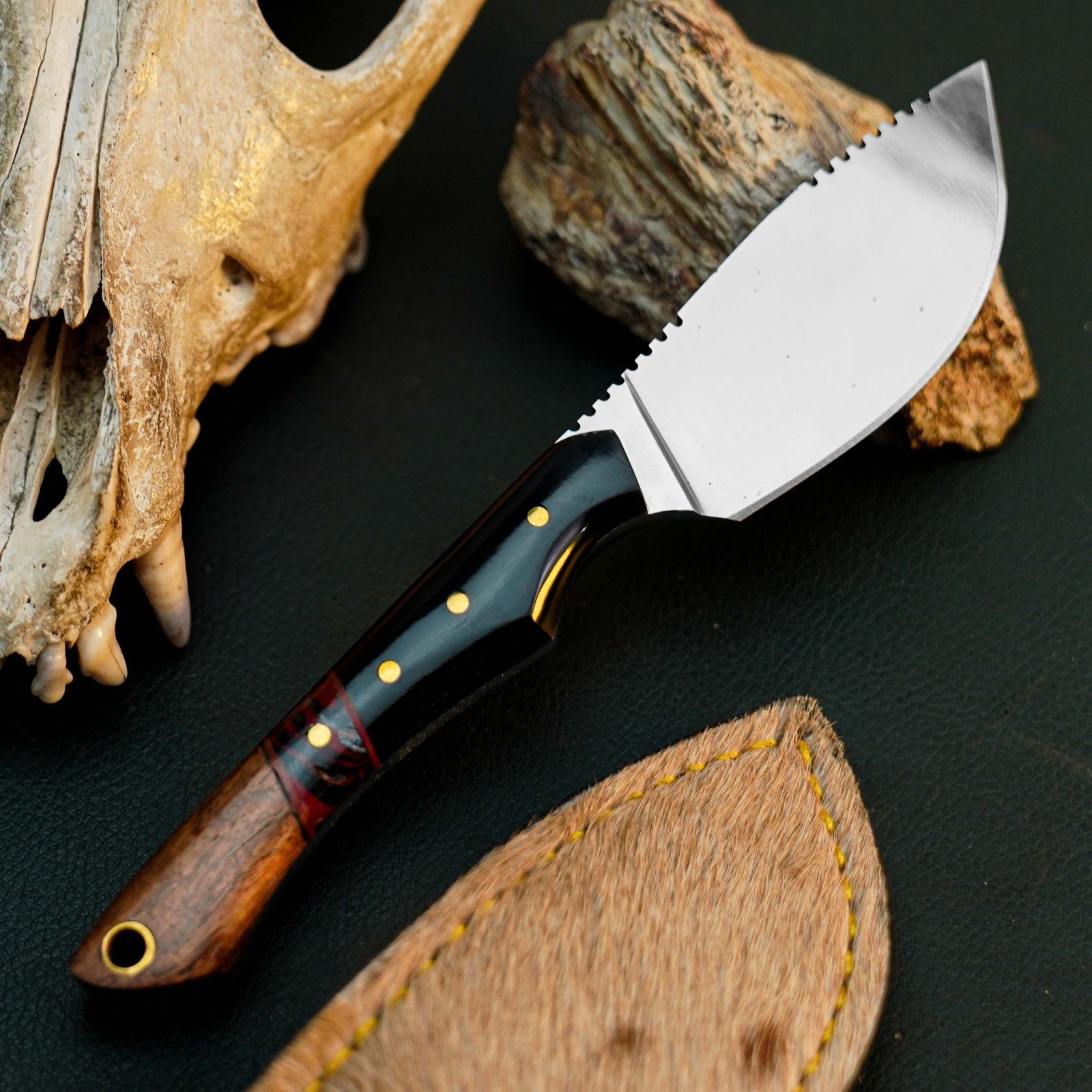 6.6″ D2 EDC Hunting Fixed Blade Knife Full Tang Hybrid Handle Leather Sheath