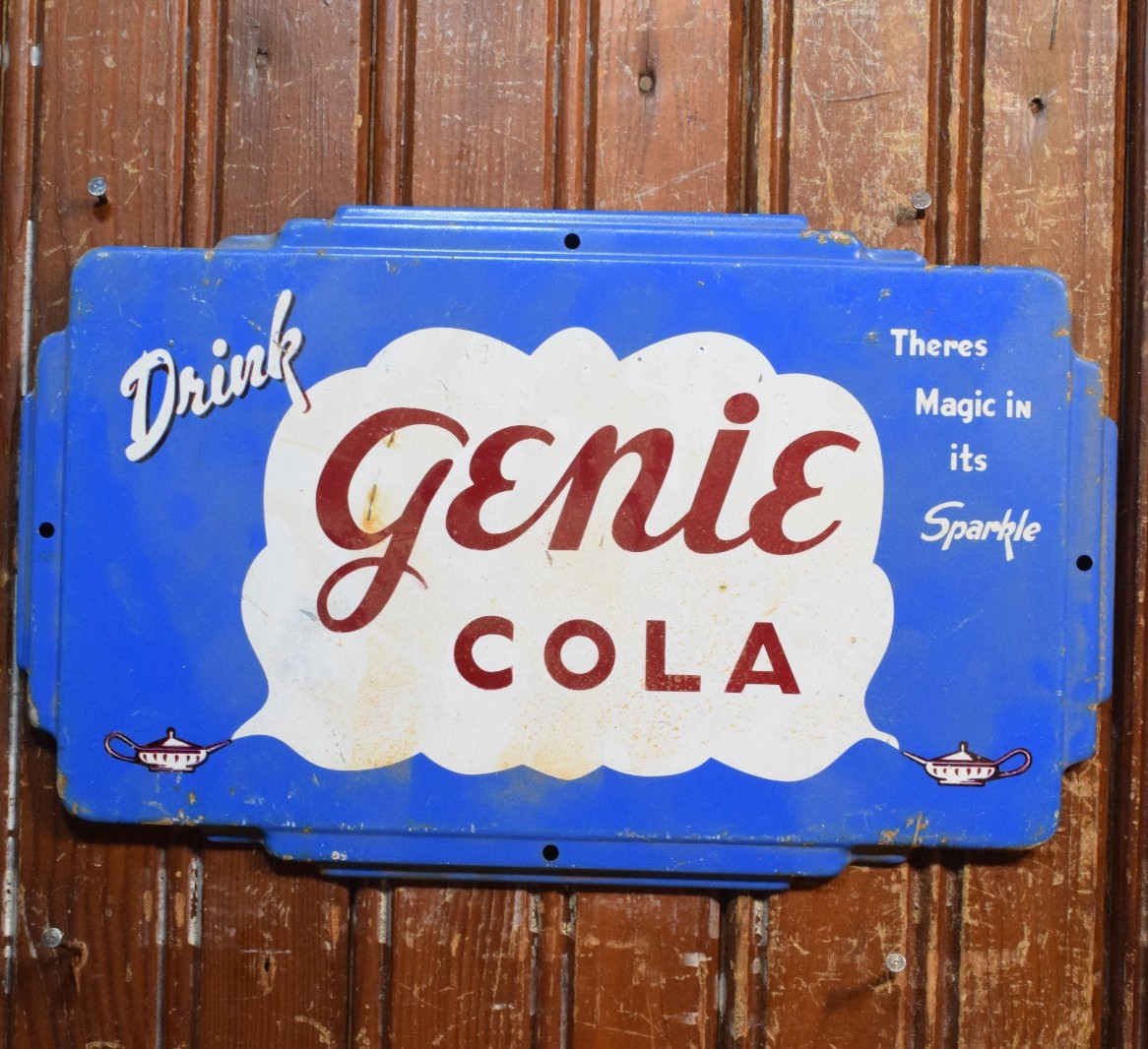 DRINK GENIE COLA PAINTED METAL MALT SHOP DEALER SIGN VINTAGE 1950s ART DECO SODA