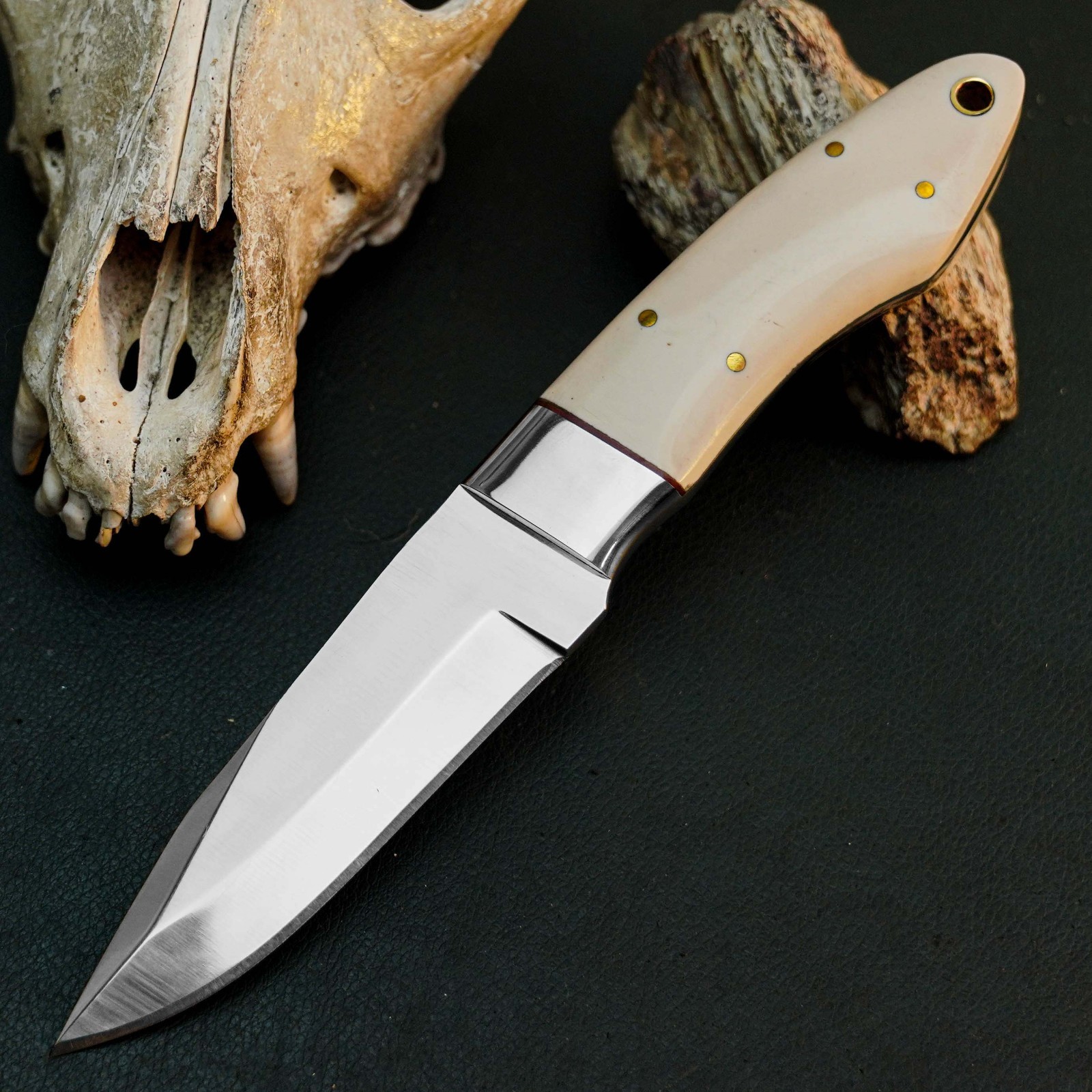8.1″ D2 EDC Hunting Knife Handmade Full Resin Handle Leather Sheath