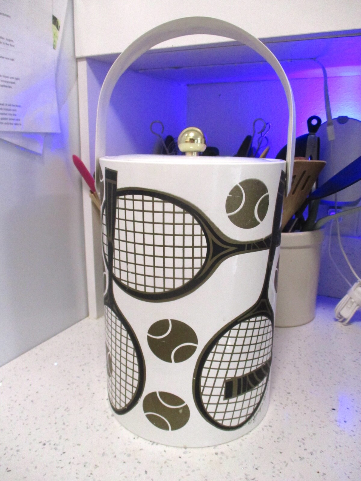 Georges Briard true vintage white gold black tennis balls vinyl ice bucket 11 in