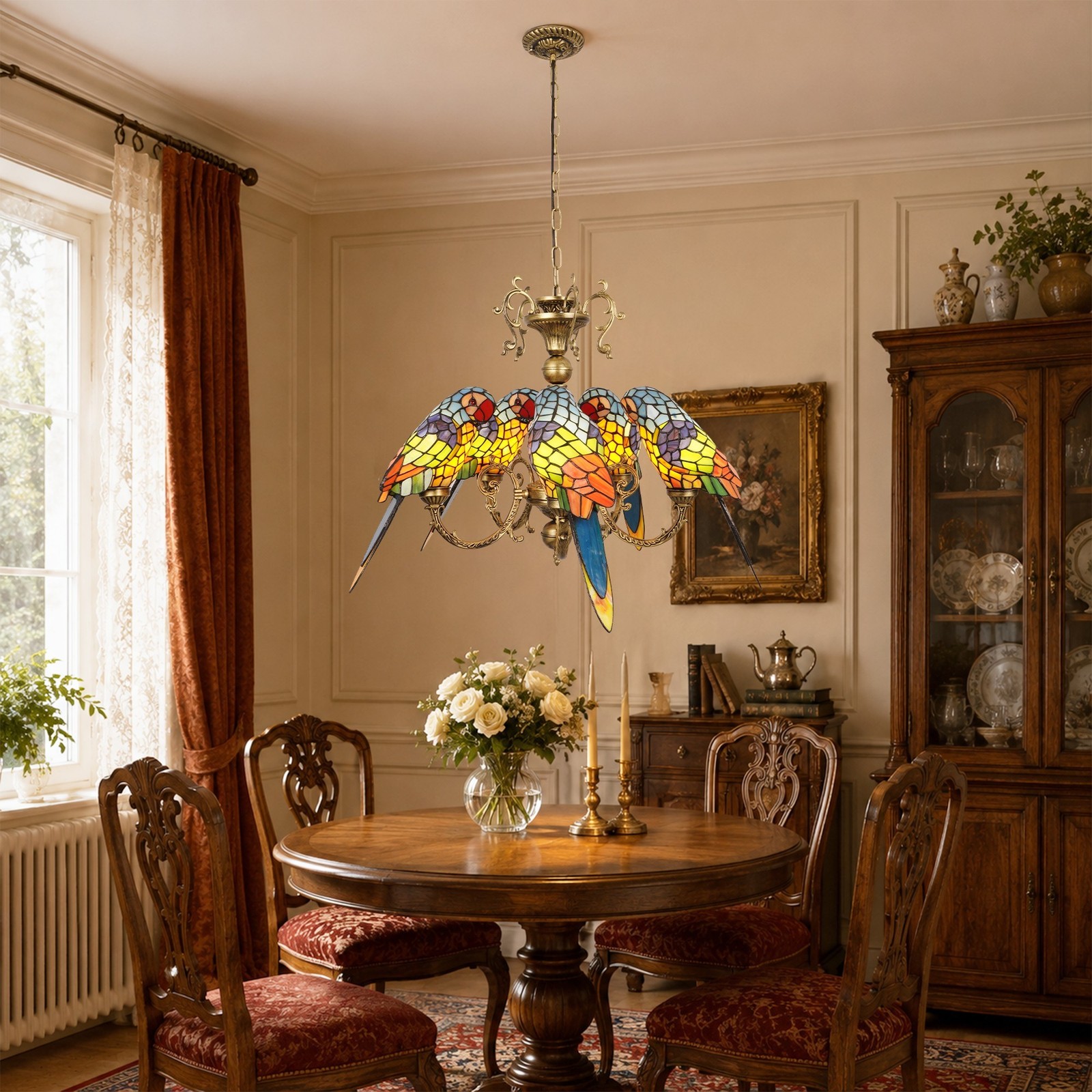 Tiffany Five Head Colored Glass Parrot Pendant With Light Source,adjustable,28in