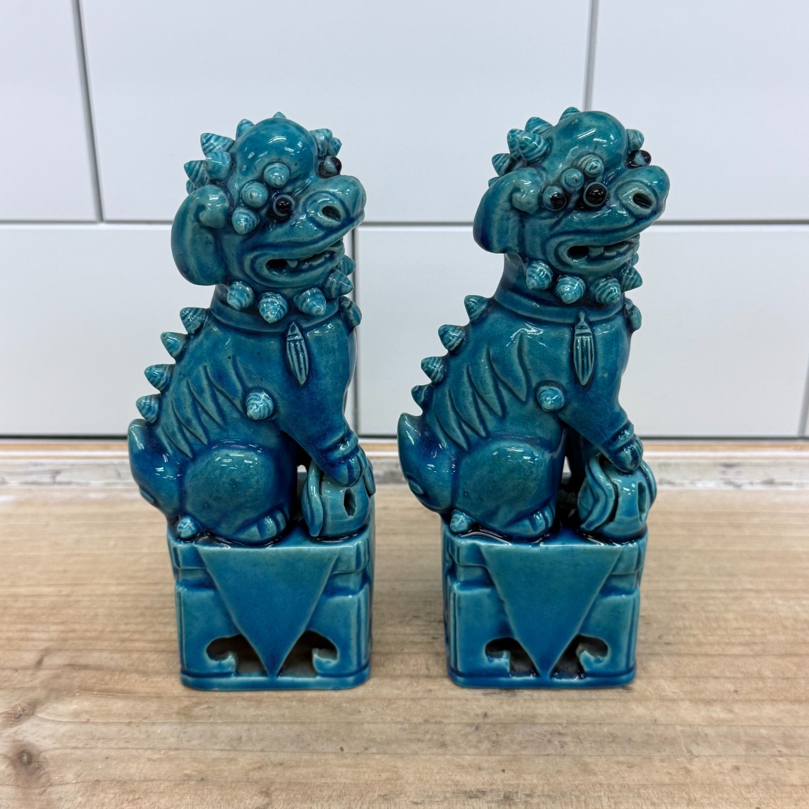 Chinese Turquoise Glazed Foo Dog Figurines Set of 2 Vintage