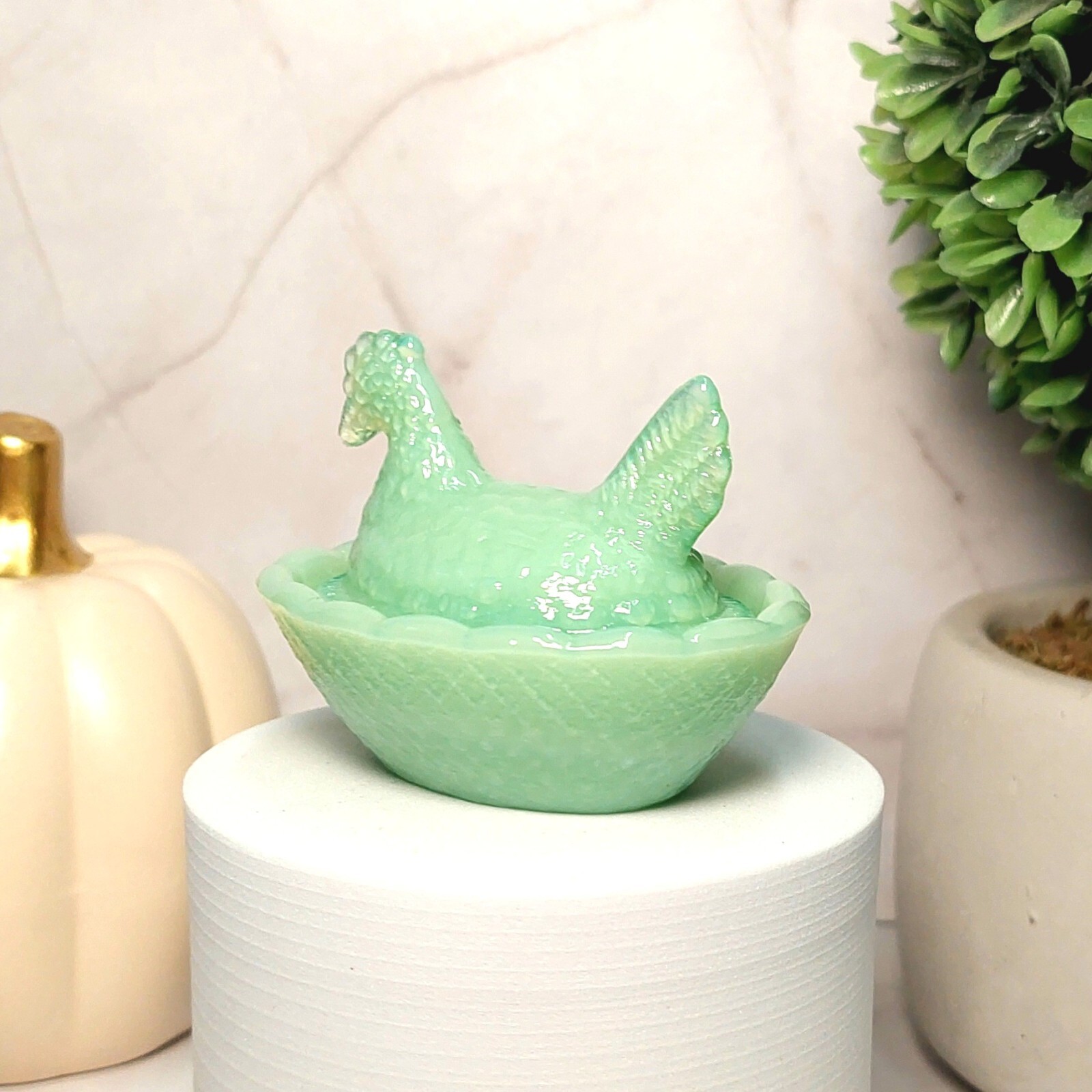 Jadeite Depression Style Glass Mini Hen On Nest Chicken Salt Dish, Vintage Style