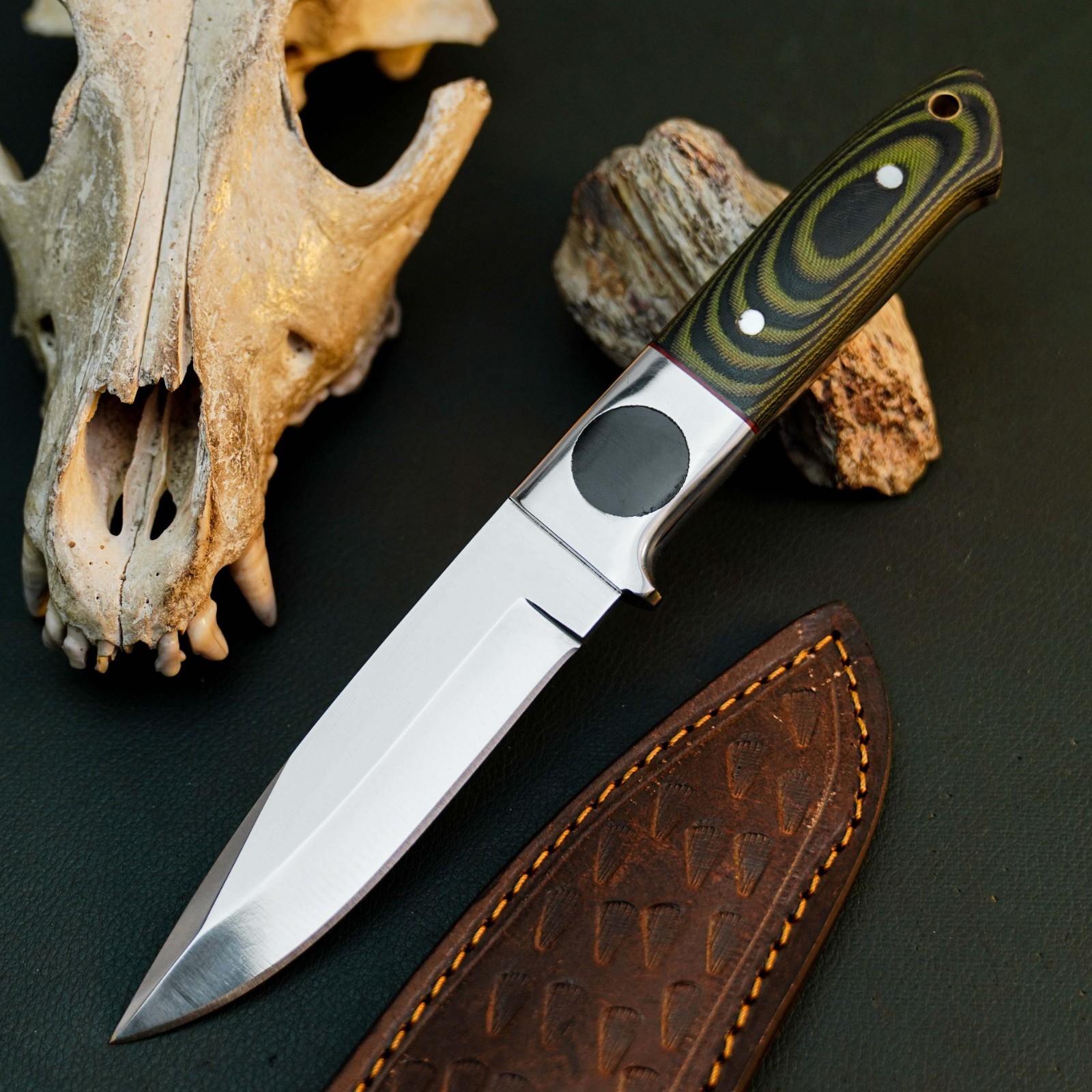 8.6″ D2 Skinning Hunting Knife Handmade Full Tang Micarta Handle Leather Sheath