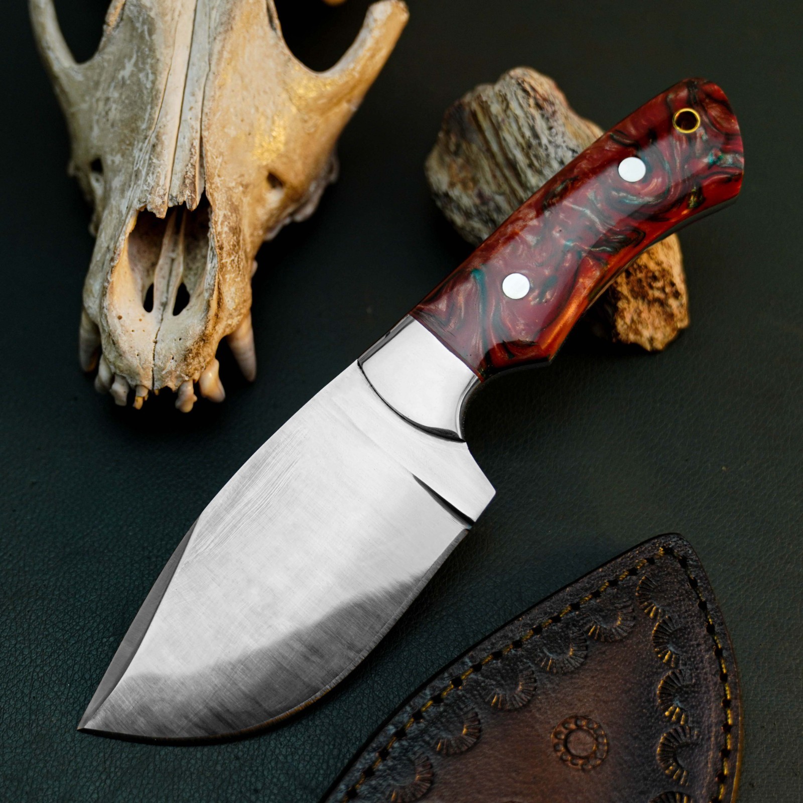 8.4″ D2 EDC Hunting Fixed Blade Knife Full Tang Resin Handle Leather Sheath