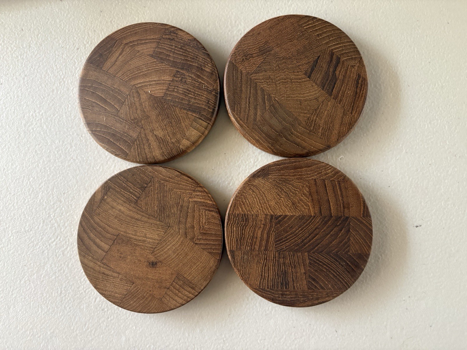 4 DANSK Teak Wood Drink Coasters Jute Burlap Bag Danish Modern Denmark MCM Round