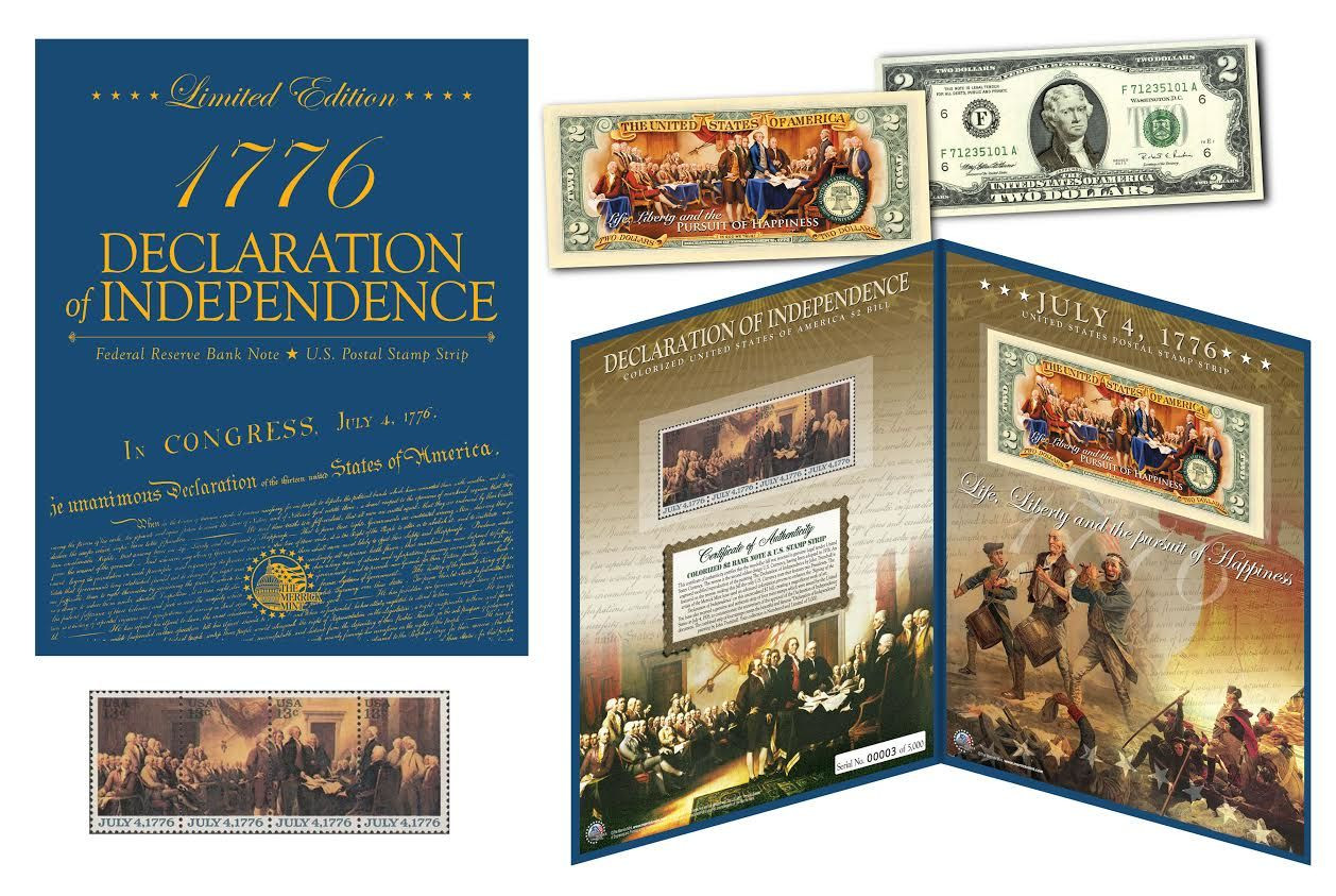 DECLARATION OF INDEPENDENCE *240th ANNIV* $2 Bill & 1976 Stamp Strip in LG FOLIO