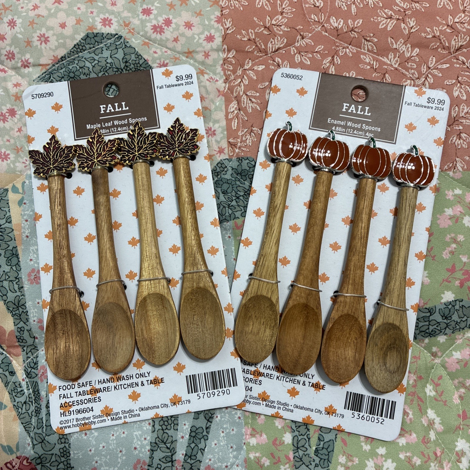 Modern County Farmhouse Fall Leaves & Pumpkins Enamel Mini Wooden Spoon Set/8