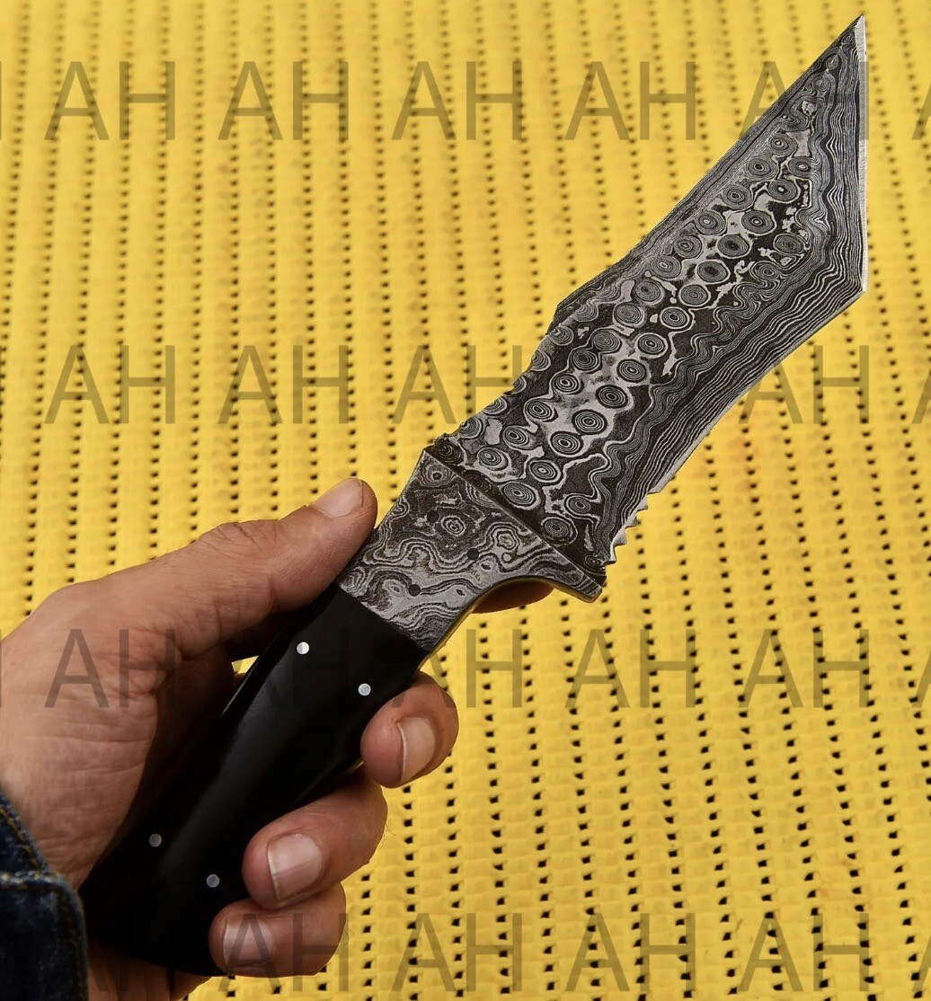 HANDMADE FORGED DAMASCUS STEEL FIXED TANTO BLADE TRACKER HUNTING KNIFE EDC